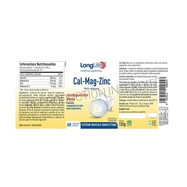 Cal-Mag-Zinc LongLife | Complément à base de calcium, magnésium et zinc, avec vitamine D | Biodisponibilité élevée | Aide le 