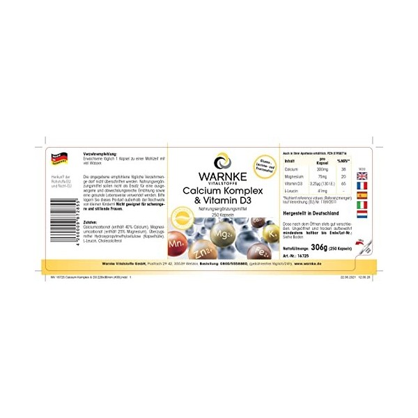 Complexe de Calcium & Vitamine D - avec 300mg de Calcium, 75mg de Magnesium & Vitamine D3 - Végétarien - 250 gélules | Warnke