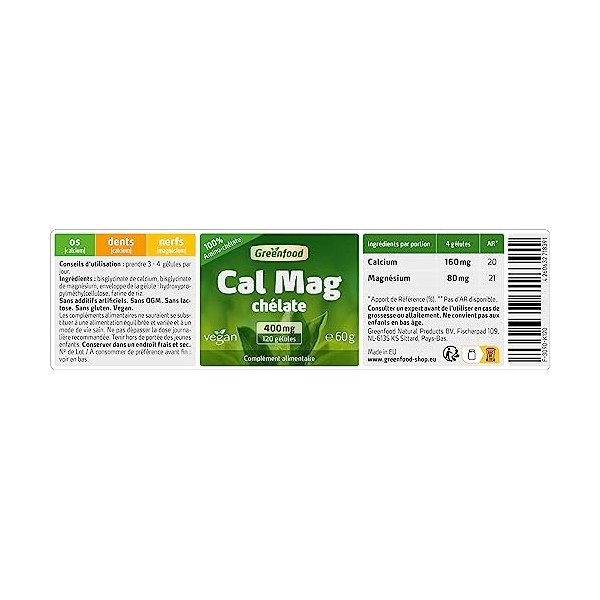 Greenfood Calcium + Magnésium, 400 mg, 100% chélate- Pour les os [calcium],dents [calcium], nerfs [magnésium]- SANS additifs 