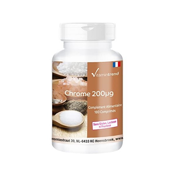 Chrome 200mcg - Picolinate de Chrome - 180 comprimés - ! POUR 6 MOIS ! – Végan – Flacon avantageux | Vitamintrend®