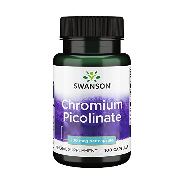 Swanson, Chromium Picolinate Picolinate de Chrome , 200mcg, Hautement Dosé, 100 Capsules, Testé en Laboratoire, Sans Soja, S