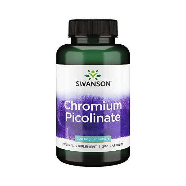 Swanson, Chromium Picolinate Picolinate de Chrome , 200mcg, Hautement Dosé, 200 Capsules, Testé en Laboratoire, Sans Soja, S