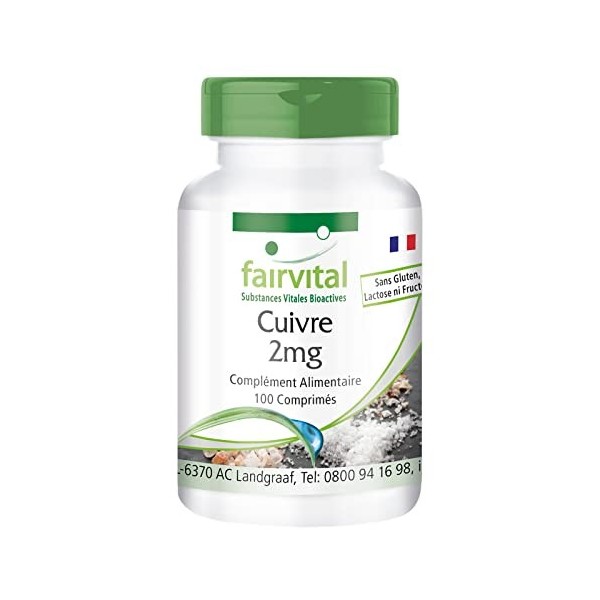 Fairvital | Cuivre 2mg - pour 100 jours - VEGAN - Hautement dosé - 100 comprimés - compléments alimentaires forme bisglycinat