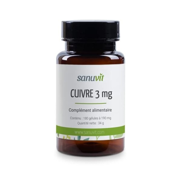 Sanuvit® - Cuivre 3 mg | 180 gélules | Haute biodisponibilité | Citrate de cuivre à haute dose avec 3 mg de cuivre de haute q