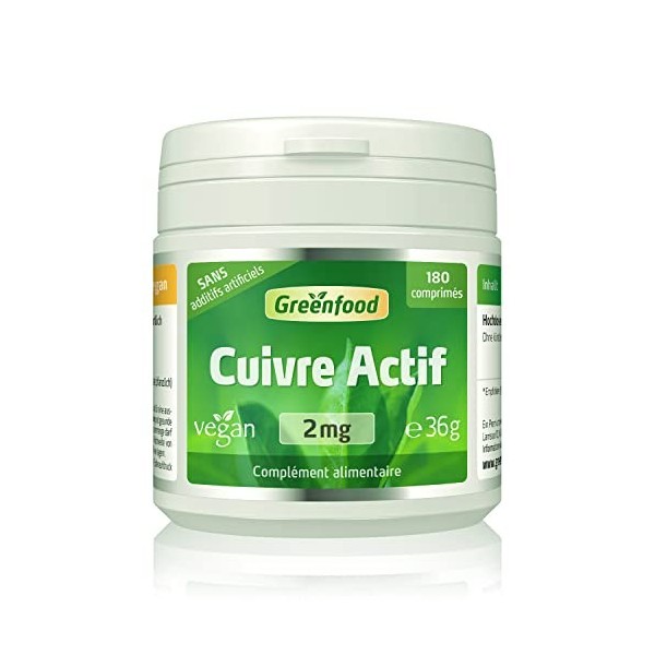 Greenfood Cuivre actif, 2 mg, dose élevée, comprimés, vegan - SANS additifs artificiels. Sans organisme génétiquement modifié