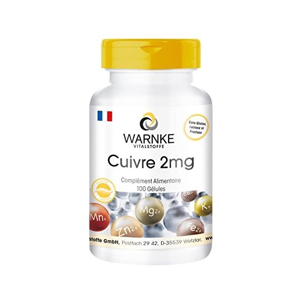 Cuivre 2 mg - 100 comprimés - Végétarien - Gluconate de cuivre | Warnke Vitalstoffe