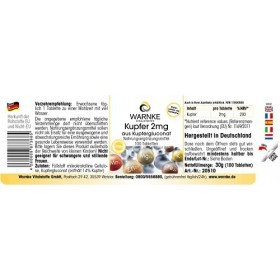 Cuivre 2 mg - 100 comprimés - Végétarien - Gluconate de cuivre | Warnke Vitalstoffe