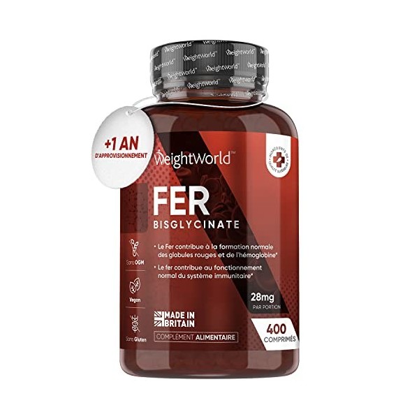 Fer Bisglycinate de 28mg - 400 Comprimés Vegan - Fer en Complement Alimentaire Contribue à la Réduction de la Fatigue & Améli