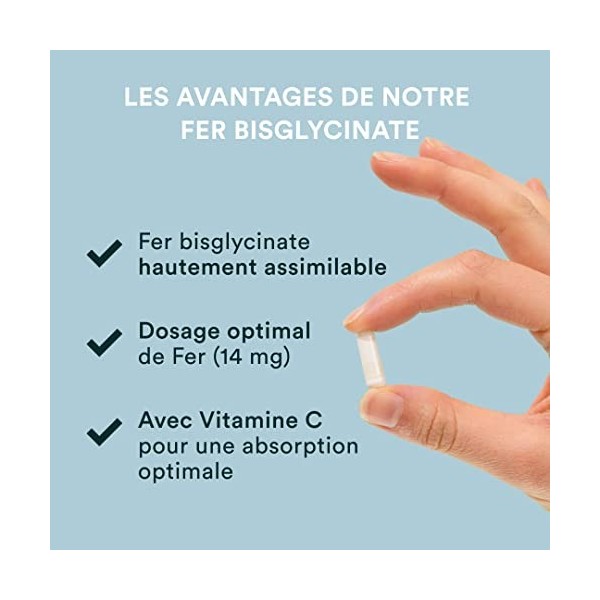 NOVOMA Fer Bisglycinate 14 mg + Vitamine C, Haute Absorption, Immunité & Anti-fatigue, Cure de 3 mois, Complément Alimentaire