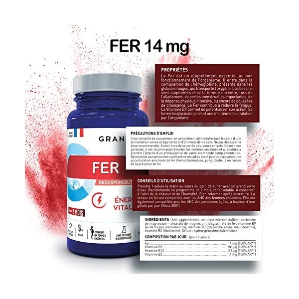 GRANIONS Immunité et Energie FER bisglycinate 14 mg+vitamines B-100% des apports recommandés-Biodisponiblité optimale-ENERGIE