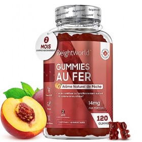 Gummies au Fer 14mg - 120 Gummies Vegan 2 Mois - Arôme Naturel de Pêche - Gommes à Mâcher Biodisponible - Complément Alimen