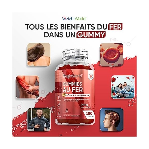 Gummies au Fer 14mg - 120 Gummies Vegan 2 Mois - Arôme Naturel de Pêche - Gommes à Mâcher Biodisponible - Complément Alimen