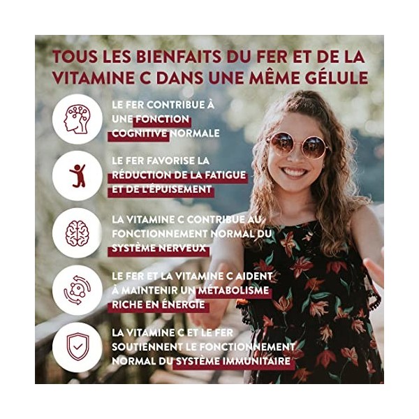 Fer Complément Alimentaire + Vitamine C Acerola - Fer Bysglicinate 42mg Iron Complement Alimentaire Haute Biodisponibilité Ve