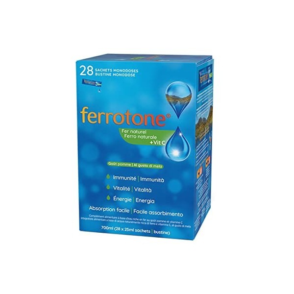 Ferrotone Eau Riche en Fer, Complément Alimentaire à Base de Fer, Saveur Pomme et Vitamine C, Votre vitalité et Immunité au N