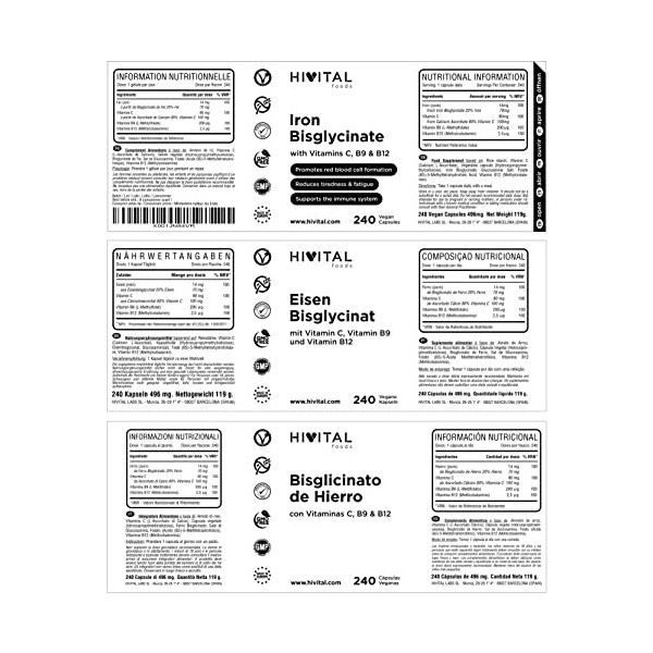 Fer 14 mg. 240 gélules végétaliennes pour 8 mois. Le Bisglycinate de Fer avec la Vitamine C, Acide Folique et B12 pour amélio