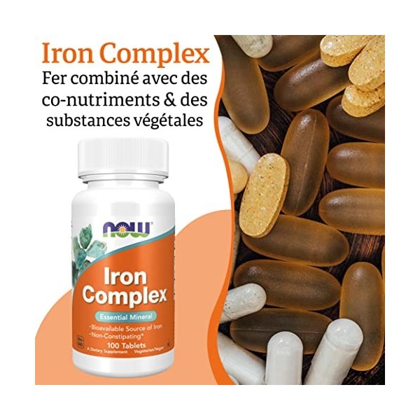 Now Foods, Iron Complex Complexe de Fer , 27mg, 100 Comprimés végétaliens, Testé en Laboratoire, Fer, Vitamines, Sans Gluten