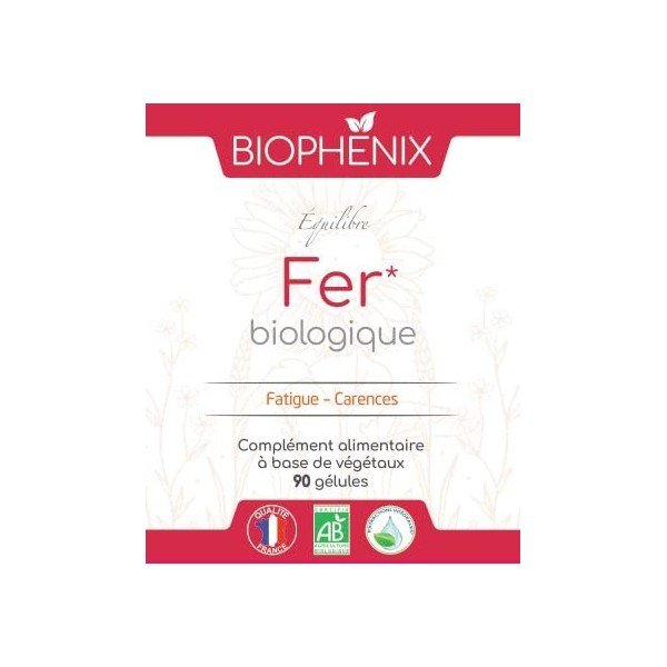 Biophénix Equilibre Fer 90 gélules - Complément alimentaire BIO 100% naturel à base de végétaux - 14 mg de Fer élément par gé