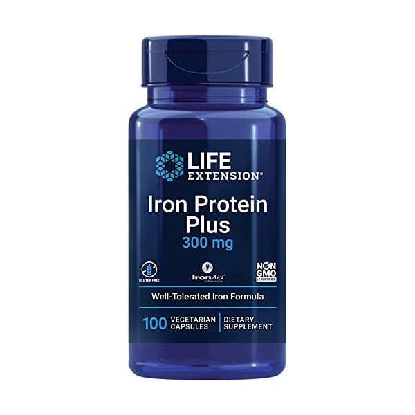 Life Extension, Iron Protein Plus Fer , 15mg, 100 Capsules végétales, Testé en Laboratoire, Sans Gluten, Sans Soja, Sans OGM