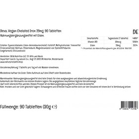 PremiumVital, Deva, Vegan Chelated Iron Fer Chélaté , 29mg, avec Vitamine B12, 90 Comprimés végétaliens, avec Pilulier Prati