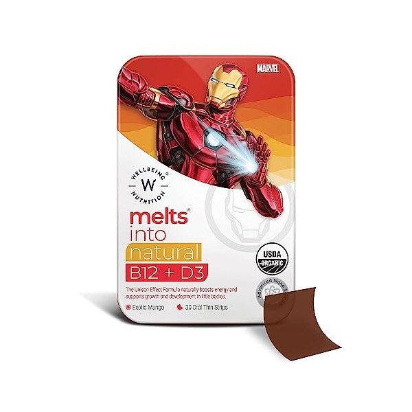 Green Velly WN Marvel Iron Man Melts | Kids Organic Vitamin B12, D3+K2 & Folate | 100% RDA, Plant Based for Bone & Muscle hea
