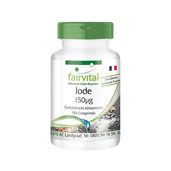 Fairvital | Iode 150μg - comprimés diode - fortement dosé - avec 150mcg diodure de potassium, 180 comprimés, végétarien