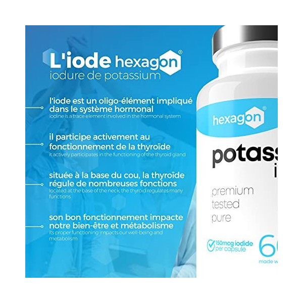 Iode 150mcg - Iodure de Potassium - +2 Mois de Cure, 100% des AR - Fonction Nerveuse & Cognitive - Potassium Iodide - 60 Gélu