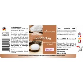 Iode 150mcg - ! POUR 6 MOIS ! - Iodure de Potassium - 100% Végan - 180 comprimés d’Iode – Contribue au métabolisme énergétiqu