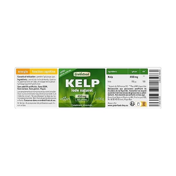 Greenfood Kelp, 450 mg, 120 gélules - pour source naturelle diode et la production normale dhormones thyroïdiennes et à une