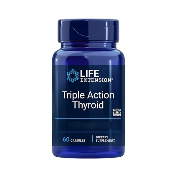 Life Extension, Triple Action Thyroid, avec Iode et L-Tyrosine, 60 Capsules végétaliennes, Testé en Laboratoire, Sans Gluten,