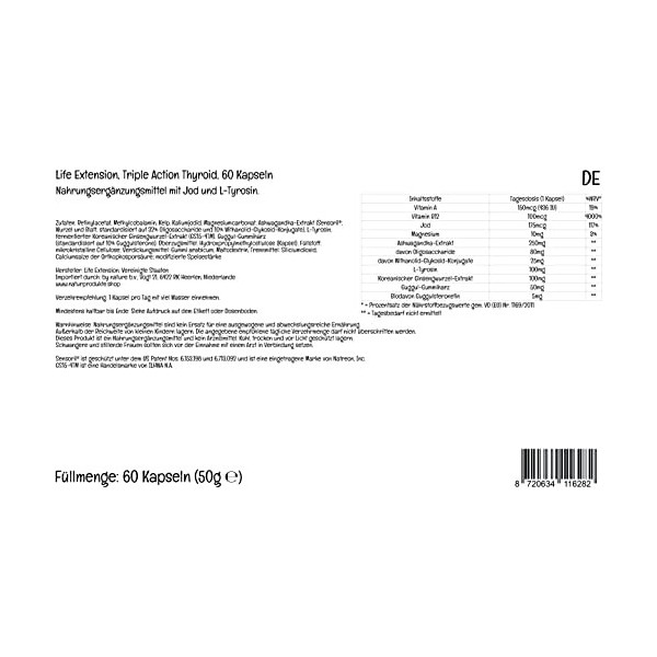 Life Extension, Triple Action Thyroid, avec Iode et L-Tyrosine, 60 Capsules végétaliennes, Testé en Laboratoire, Sans Gluten,