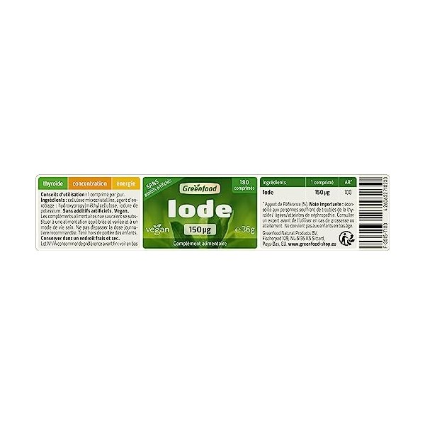 Greenfood Iode, 150 μg, 180 comprimés, vegan - important pour un métabolisme énergétique normal. SANS additifs artificiels. S