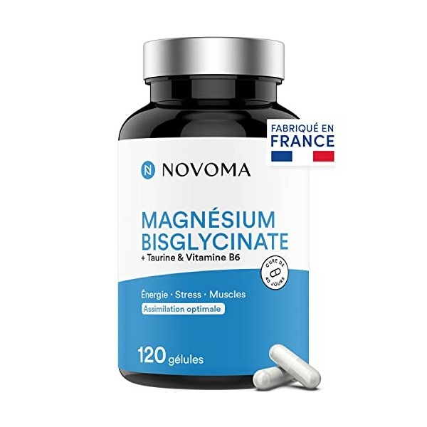 NOVOMA Magnésium Bisglycinate + Taurine & Vitamine B6, Haute Teneur 300mg /j, 120 gélules, Combat la Fatigue et le Stress, Mi