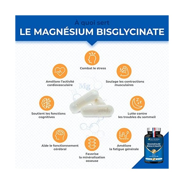 Magnésium Bisglycinate + Vitamine B6 - Sommeil, Stress, Fatigue - Absorption Maximale & Assimilation Facilitée - 90 Gélules V