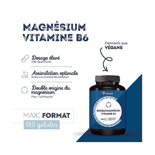 Double Magnésium Vitamine B6 - Magnésium Bisglycinate - Hautement dosé 300 mg - Haute Assimilation - Stress, Fatigue, Sommeil