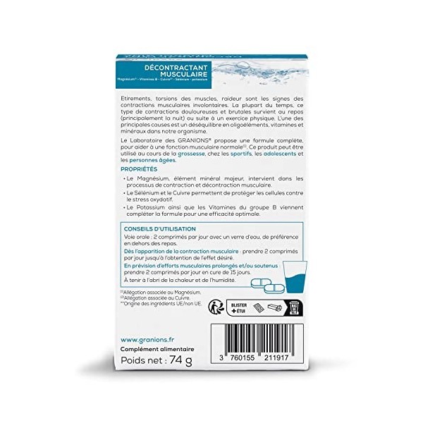 GRANIONS Décontractant Musculaire | Bien être | Vitamine B, Oligo elements et Minéraux | Selenium, Magnésium, Potassium, Cuiv