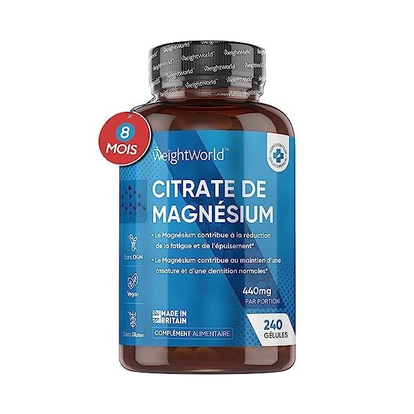 Citrate de Magnésium 1480mg - 240 Gélules Vegan 8 mois - Contient 440 mg de Magnésium Élémentaire Pur - Pour lÉnergie, la 