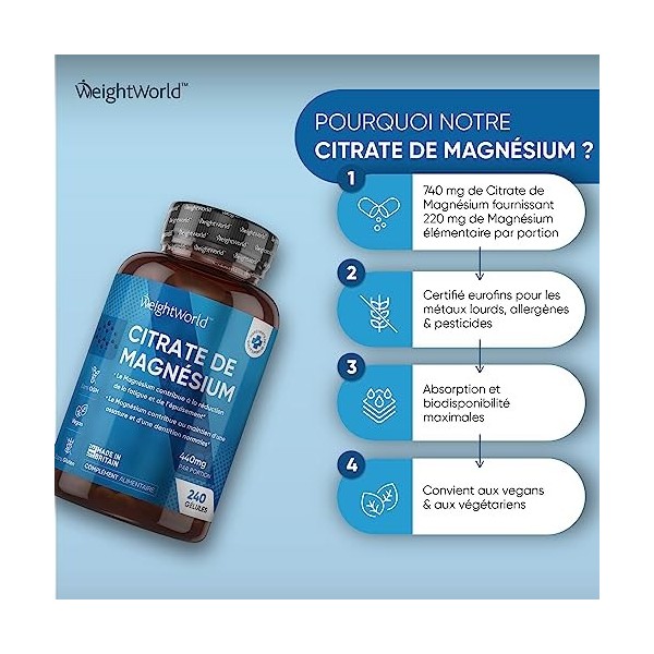 Citrate de Magnésium 1480mg - 240 Gélules Vegan 8 mois - Contient 440 mg de Magnésium Élémentaire Pur - Pour lÉnergie, la 