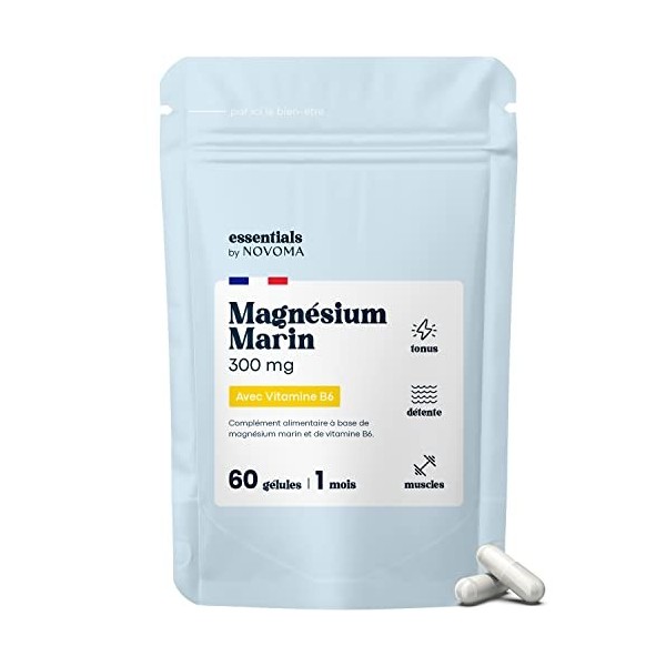 Magnésium Marin + Vitamine B6, Combat la Fatigue et le Stress, Cure de 1 mois, 60 Gélules Végétales, Magnesium Marin Pur 300 