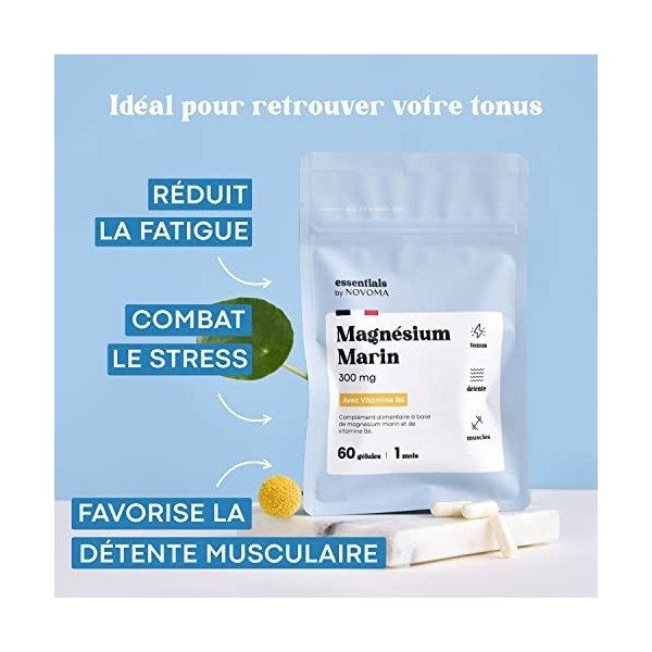 Magnésium Marin + Vitamine B6, Combat la Fatigue et le Stress, Cure de 1 mois, 60 Gélules Végétales, Magnesium Marin Pur 300 