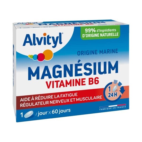 Alvityl Magnésium + Vitamine B6 – 60 jours – Origine marine – Aide à réduire la fatique – 60 comprimés à avaler