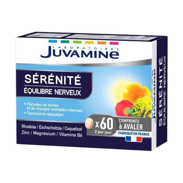 JUVAMINE - Sérénité Équilibre Nerveux - Favorise La Relaxation et La Détente - Beige - 60 Comprimés - A Base de Plantes et Mi