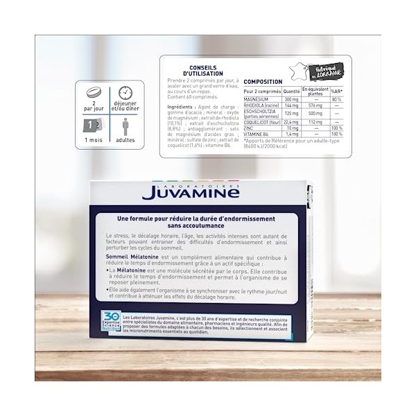 JUVAMINE - Sérénité Équilibre Nerveux - Favorise La Relaxation et La Détente - Beige - 60 Comprimés - A Base de Plantes et Mi