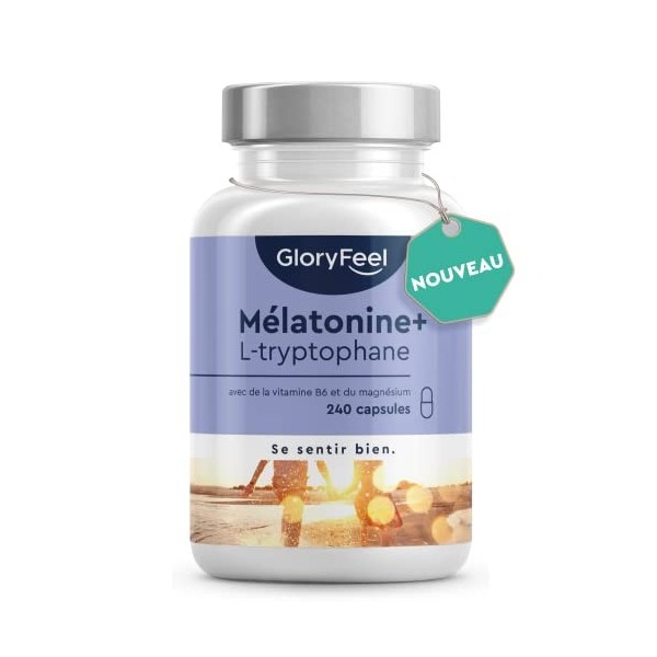 Complexe Mélatonine + L-Tryptophane 500 mg, Vitamine B6 avec Magnésium, 240 Capsules 4 mois , Aide Naturelle au Sommeil, Try