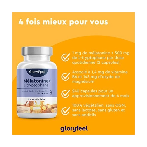 Complexe Mélatonine + L-Tryptophane 500 mg, Vitamine B6 avec Magnésium, 240 Capsules 4 mois , Aide Naturelle au Sommeil, Try