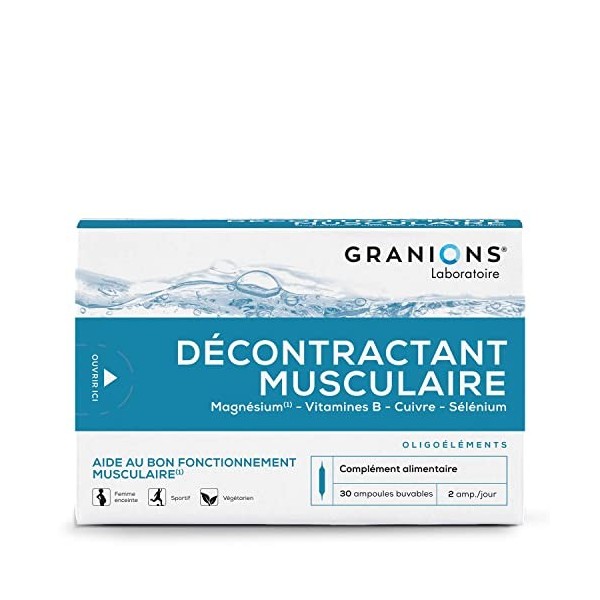 Granions Décontractant Musculaire, Crampes, gênes, raideurs musculaires, Magnesium, Vit B, Cuivre, Selenium, Pour toute la fa