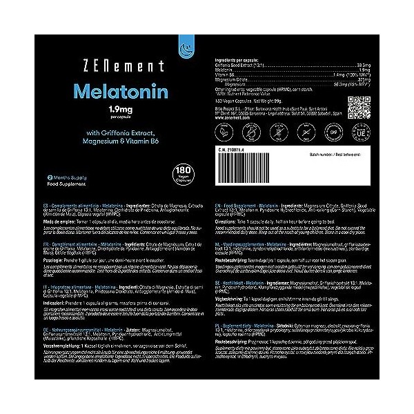 Mélatonine 1,9 mg par gélule avec Extrait de Griffonia, Magnésium et Vitamine B6 | Supplément entièrement Végan de Mélatonine