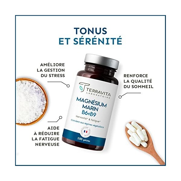 MAGNÉSIUM MARIN + Vit B6 B9 | 300mg de Magnésium Élément par Gélule | 100 Jours de Cure | Lutte contre Stress et Fatigue | Am