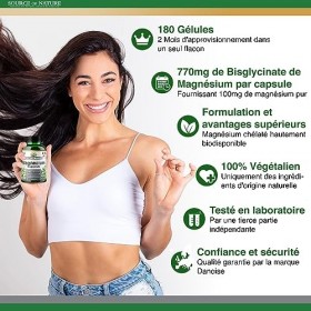 Source of Nature® | Bisglycinate de Magnésium 770mg | 180 gélules | Approvisionnement de 2 mois | 100mg Élémentaire | Haute Q