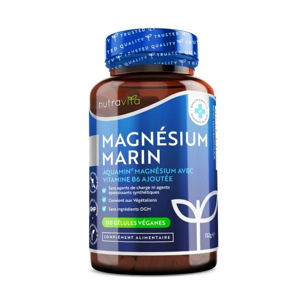 Magnésium Marin 360 mg et Vitamine B6-180 gélules Végan - Magnésium Aquamin® hautement biodisponible et cliniquement soutenu 