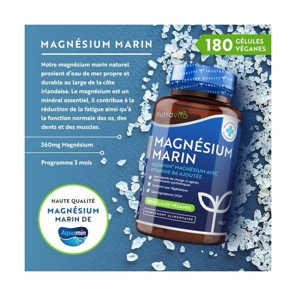 Magnésium Marin 360 mg et Vitamine B6-180 gélules Végan - Magnésium Aquamin® hautement biodisponible et cliniquement soutenu 